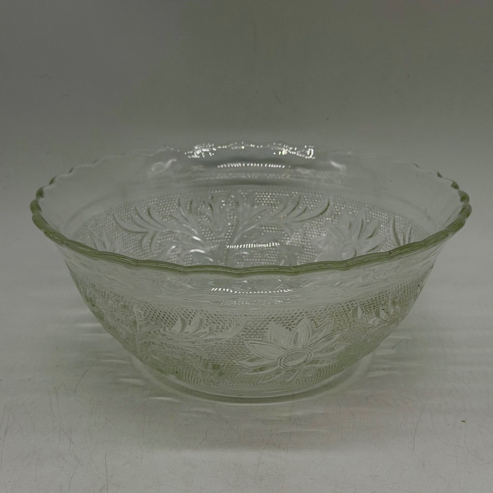 Vintage Clear Pressed Glass Floral Scalloped Serving Bowl Depression Style Good